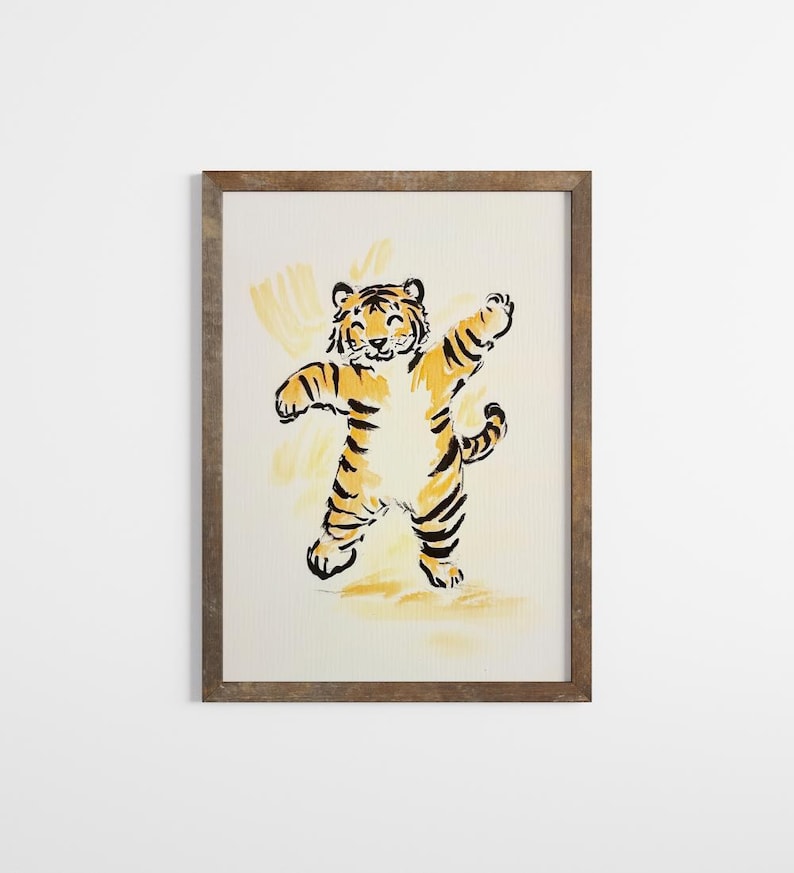 Vintage Tiger Art Print Handpainted Animal Decor Whimsical Cute