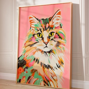 Abstract Pastel Cat Wall Art | Colorful Modern Feline Print | Vibrant Pink Poster | Contemporary Pet Portrait | Bedroom Nursery Decor