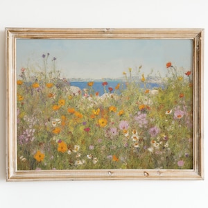 Vintage Wildflower Field Landscape Print | Printable Flower Art | Coastal Vintage 17th century Wall Art | Printable Wall Art Print
