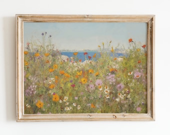 Vintage Wildflower Field Landscape Print | Printable Flower Art | Coastal Vintage 17th century Wall Art | Printable Wall Art Print