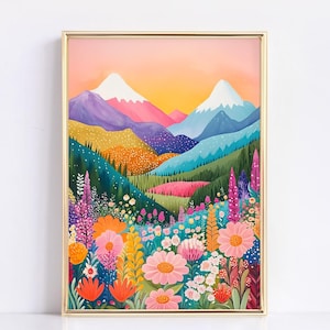 Colorful Abstract Mountain Wall Art | Floral Scenery Art Print | Living Room Decor | Vibrant Landscape Artwork | Modern Printable Painting