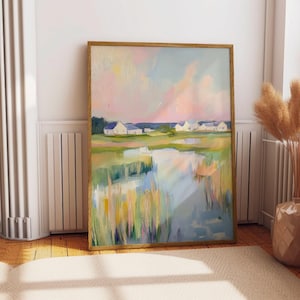 Paysage pastel pour chambre d&#39;enfant grand-millénaire | Marais vintage du Lowcountry à imprimer | Peinture à l&#39;huile Art numérique | Décoration murale pour chambre de bébé | Style rétro