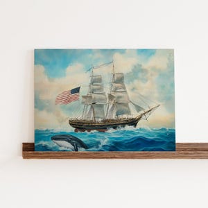 American Whaling Ship Oil Painting Print | Nautical Coastal Decor | Vintage Digital Poster | Maritime Wall Art | Coastal Living Room Decor