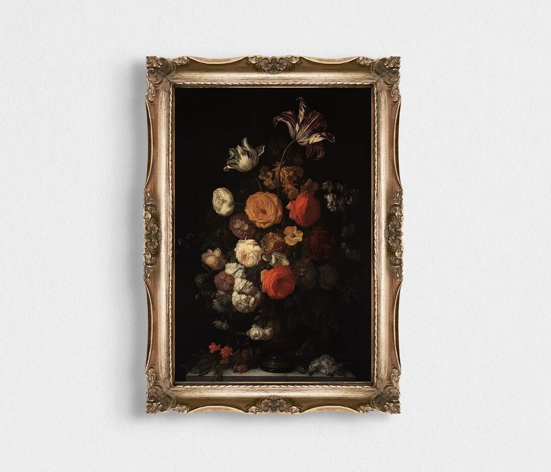 Vintage Moody Painting Victorian Wall Art - Dark Flower Painting ...
