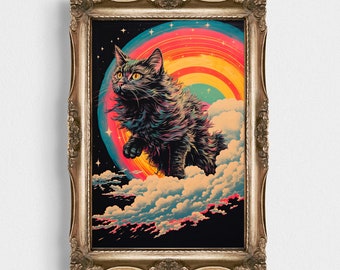 Celestial Vintage Black Cat Digital Art Print | Above Wall Decor | Rainbow Space Design | Antique Poster | Dark Academia Printable Download