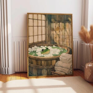 Japanese Frog in Bathtub Print | Japandi Style Poster | Minimalist Bathroom Wall Art | Relaxing Japanese Decor | Unique Bathroom Aesthetic