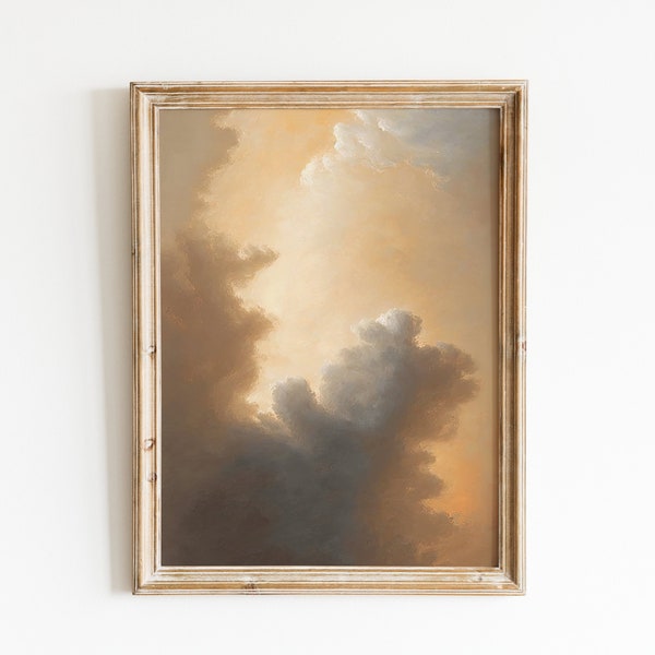 Printable French Cloudy Sky, Countryside Print, Gold Clouds, Muted Oil Painting Wall Art, Vintage Sky Clouds Painting, Gallery Landscape Art