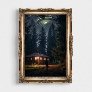 Mystisches Waldfliegen-UFO | Stimmungsvolles Space Painting | Druckbare Wandkunst | Digital Download Kunstdruck | Poster zum Ausdrucken oder selbst ausdrucken