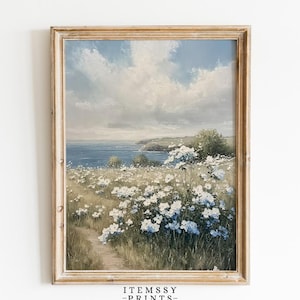 Coastal White Wildflower Painting | Vintage Summer Beach Farmhouse Style | Moody Floral Landscape Print | Spring Sea Wall Art Digital Decor
