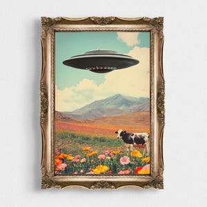 Calmness UFO Art Print | Trippy Cosmic Wall Art | Retro Vintage Space Decor | Surreal Art Print for Unique Home Aesthetic | Digital Download