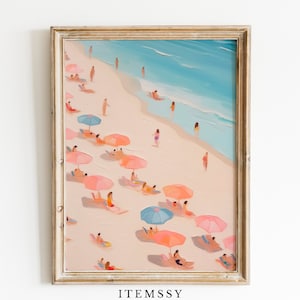 Afdrukbaar abstract kustschilderij | Vintage strandkunst aan de muur | Downloadbaar girly appartementdecor | Zeegezichtprint met oranje paraplu