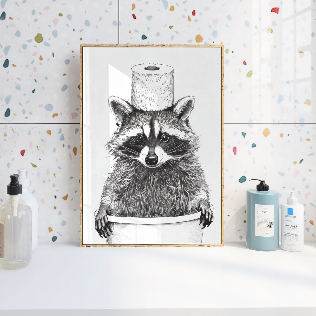 Playful Raccoon Bathroom Art | Quirky Toilet Paper Wall Decor | Fun ...
