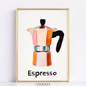 Espressopot keukenafdruk | Trendy beige espressoposter | Digitaal koffiekardecor | Afdrukbare muurkunst downloaden | Modern cafékunstwerk