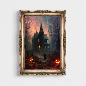 Halloween Witch's Haunted Cottage Wall Art | Moonlit Fall Night | Moody Vintage Poster | Dark Academia | Spooky Gothic Pumpkins Painting