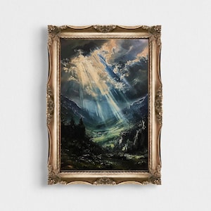 Dark Academia Nocturne Druck - Vintage Sonnenstrahlen Ölgemälde, stimmungsvolle Nachthimmel Landschaft, dunkel Gothic Dekor, Lunar Celestial Wandkunst