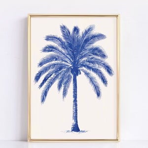 Vintage Blue Tropical Print | Coastal Wall Decor | Retro Palm Tree Art | Minimalist Beach House Wall Art | Digital Download for Home Decor