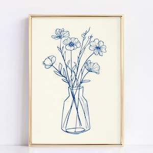 Dibujo de naturaleza muerta con flores azules / Impresión artística de ramo de flores / Póster estético bohemio / Arte botánico imprimible / Diseño de flores de línea fina