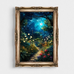 Himmlischer abstrakter dunkler wunderlicher Druck | Sternenklare Nacht Blumengarten | DRUCKBARE Wandkunst | Blumen Tor Poster Kunst | Digitaler Download