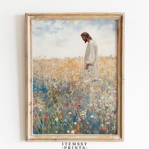 Gesù lascia il 99 / Dipinto di ispirazione cristiana / Stampa di campo di fiori selvatici autunnali / Stampa digitale cristiana / Decorazione religiosa LDS