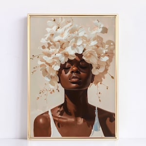 Elegant Black Woman Wall Art | Printable African Portrait | Black Art Print for Home Decor | Black Woman with White Flowers Illustration