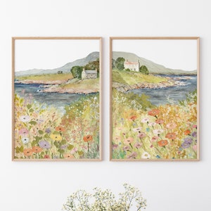 Spring Landscape Print set of 2 | Flowers landscape Wall Art  | Printable Farmhouse Landscape Oil Painting | Neutral Pastel Art | Girls Room