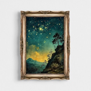 Starry Night Whispers | Vintage Cloudy Night Landscape | Night Wall Art | PRINTABLE Abstract Gold Landscape | Celestial Moon Print