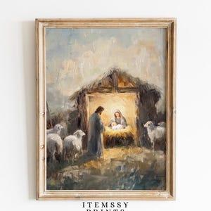 Nativity Scene Christmas Wall Art | Festive Winter Oil Painting Print | Holiday Nativity Digital Download | Christmas Home or Office Decor