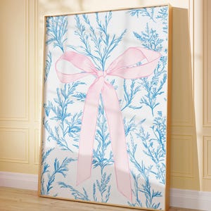 Pink Bow Nursery Wall Art | Blush and Blue Printable Decor | Toile Print for Girls Room | Elegant Bow Artwork | Baby Girl&#39;s Room Wall Poster