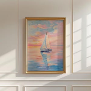 Colorful Sailboat Sunset Painting | Printable Coastal Boat Wall Art Print | Pink Pastel Beach Decor | Girly Summer Lake Digital Download