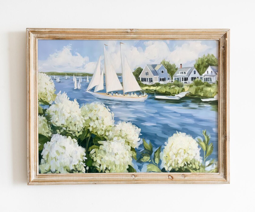 Nantucket Sailboat Art Print | Hydrangea Coastal Wall Decor | Seaside ...