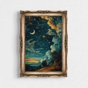 Vintage Star Gazing | Night Cloudy Landscape | Night Wall Art | PRINTABLE Wall Art | Abstract Gold Landscape at Night | Celestial Moon Print