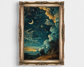 Vintage Star Gazing | Night Cloudy Landscape | Night Wall Art | PRINTABLE Wall Art | Abstract Gold Landscape at Night | Celestial Moon Print