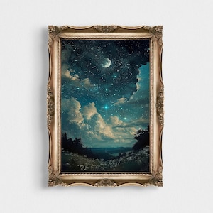 Himmlischer Mond Kunstdruck | Vintage Nachthimmel Gemälde | Dark Academia | Starry Dark Cottagecore Druck | Wanddeko Mondzauber