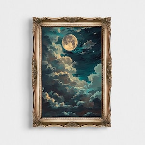 Timeless Star Gazing | Vintage Night Landscape | Night Sky Wall Art | Printable Wall Decor | Cloudy Moon Night Landscape | Celestial Print