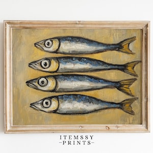 Sardines Print | Vintage Sardine Tin Poster | Retro Fish Wall Art | Colorful Eclectic Kitchen Decor | Maximalist Style Poster | Seafood Art