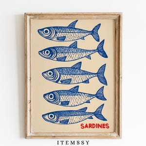 Poster retrò di sardine / Arte murale di pesce vintage / Stampa di decorazioni per la cucina / Opere d'arte retrò di frutti di mare / Decorazioni per la cucina costiera / Poster di pesce classico