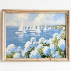 Sailboats Painting Print | Coastal Blue Hydrangeas Wall Art | Granddaughter Beach House Decor | Horizontal Kitchen Print | Digital Art Decor