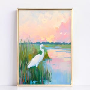 White Heron at Sunset Painting | Pastel Coastal Summer Marsh | Egret Shore Bird Wall Art Print | Beach House Decor | Digital Download Print