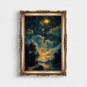 Impresión estrellada vintage / Pintura de cielo nocturno / Arte digital celestial / Decoración astronómica de observación de estrellas / Póster de decoración de pared de luna y estrellas imprimible