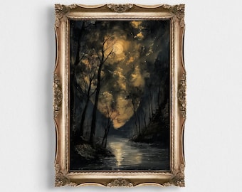 Mysterious Woods | Nighttime Forest Landscape Oil Painting | Vintage Dark Academia Art | Printable Moody Forest Scene Artwork