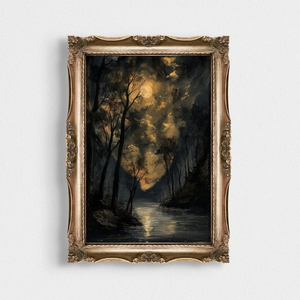 Mysterious Woods | Nighttime Forest Landscape Oil Painting | Vintage Dark Academia Art | Printable Moody Forest Scene Artwork