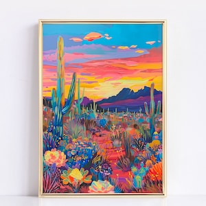 Arizona Wüste Poster | Nationalpark Kunst | Lebendige Kaktus Zeichnung | Reise Wand Kunst | Bunt Maximalist Dekor | Southwestern Home Kunstwerk