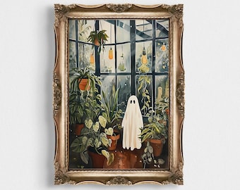 Watercolor Small Ghost Digital Print | Dark Romantic Ghost Standing in The Greenhouse | Horror Cute Art | Creepy Wall Art Halloween Poster