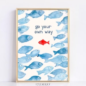 Go Your Unique Fisch Poster | Aquarell Kunst Inspirierend Zitat | Positive Kinderzimmer Dekor | Roter Fisch Print | Motivierende Wandkunst