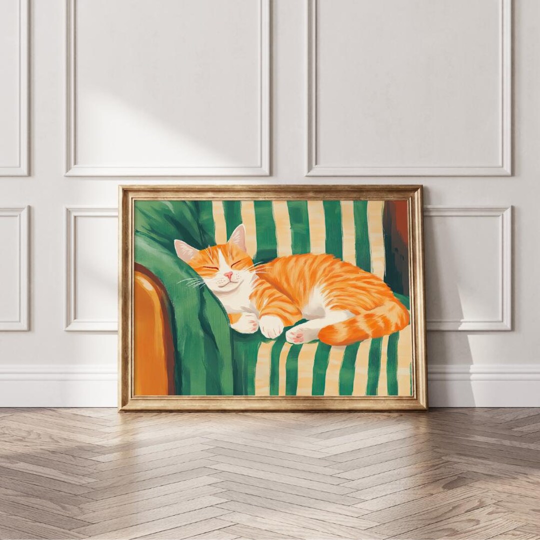 Modern Orange Cat Art Print | Cozy Feline on Couch | Pet Wall Decor ...