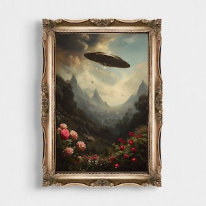 Moody UFO Oil Painting | Vintage Floral Imagery | Retro UFO Aesthetics | Digital Download | UFO Vintage Twist Print | Mysterious Encounter