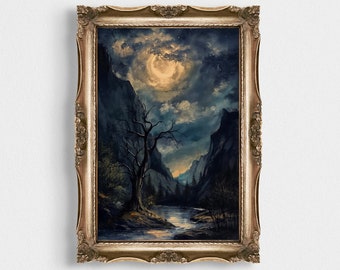 Enigmatic Woods Print | Dark Academia Nocturnal Forest Landscape Oil Painting | Vintage Moody Forest Art | Printable Nighttime Scene Artwork