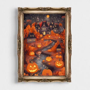 Halloween Town Folk Art Print | Vintage Ghost and Pumpkin Wall Art | Moody Halloween Decor | Spooky Halloween Home Poster | Classic Artwork