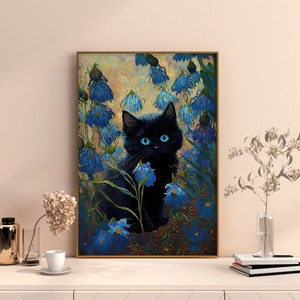 Vincent Van Gogh&#39;s Irises Cat Print, Van Gogh Cat Poster, Floral Print, Black Cat Printable Wall Art, Funny Cat print, Living Room Art Decor