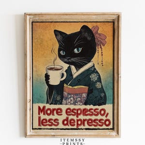 Vintage Style Funny Cat Coffee Print | Humorous Espresso Wall Art | Digital Download for Coffee Lovers | Kitchen Decor | Whimsical Home Art